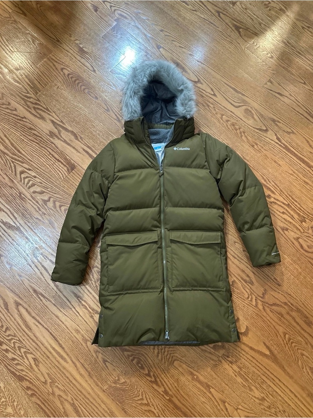 Columbia Puffer Hooded Winter Coat Youth Large 14-16 Olive Green